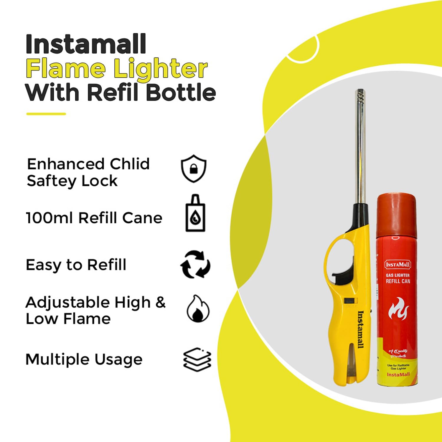 SevanAmaze ABS Plastic Adjustable Flame Gas Lighter with 100 ml Gas Refill Can Ideal for Kitchen Use,Candles, Refillable Lighter (1 Lighter + 1 Refill Bottle) (Yellow) — Amazon image 3