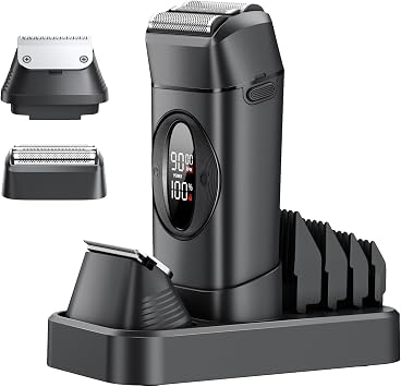 VTT 2-in-1 Electric Foil Shaver & Beard Trimmer for Men, IPX7 Waterproof Electric Razor,3-Speed 9000 RPM Motor, Interchangeable Titanium Blades,LED Display,USB-C Charging Dock,Wet & Dry Grooming Gifts