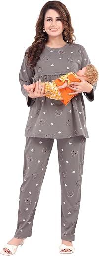 Fabme Women's Three Fourth Sleeves Pre and Post Pregnancy Nursing Nightwear