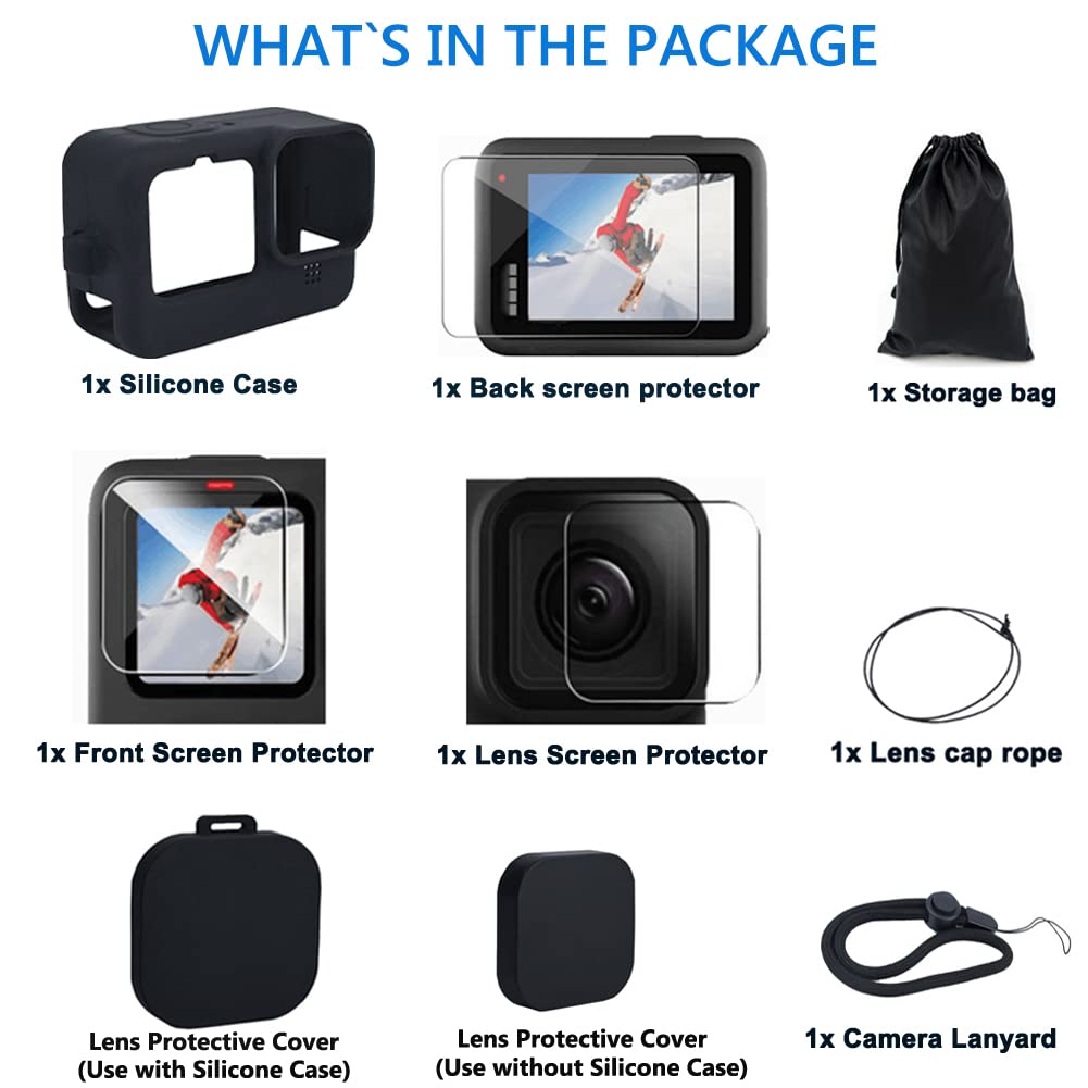 Kit Protezione TEKCAM Per GoPro Hero 12/11/10/9 – Custodia In Silicone, Vetri Temperati E Copriobiettivo, 10 Pezzi
