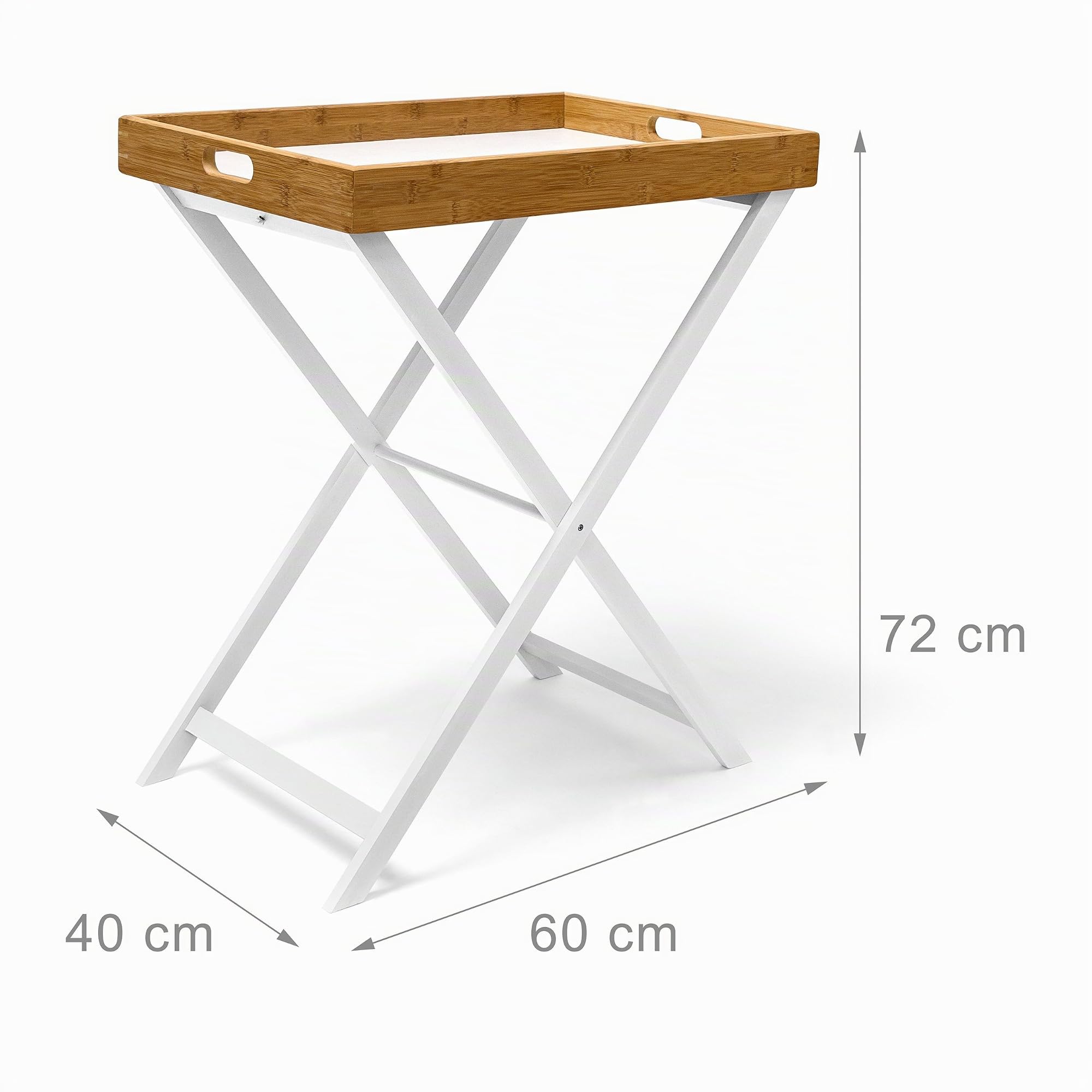 Relaxdays Bandeja con Patas, Bambú y Madera, Aprox. 72x60x40 cm, Mesita Auxiliar, Mesa Desayuno Cama, Plegable, Blanco