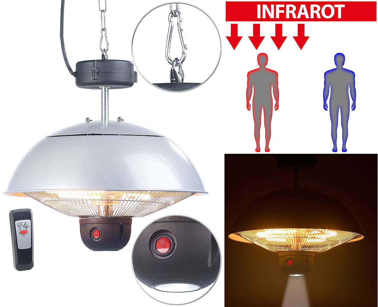 Semptec Urban Survival Technology Deckenheizstrahler: Infrarot-Decken-Heizstrahler m. Fernbed., 800-2.000 Watt, LED, IPX4 (Wärmelampe, Infrarot Deckenstrahler, Decke)