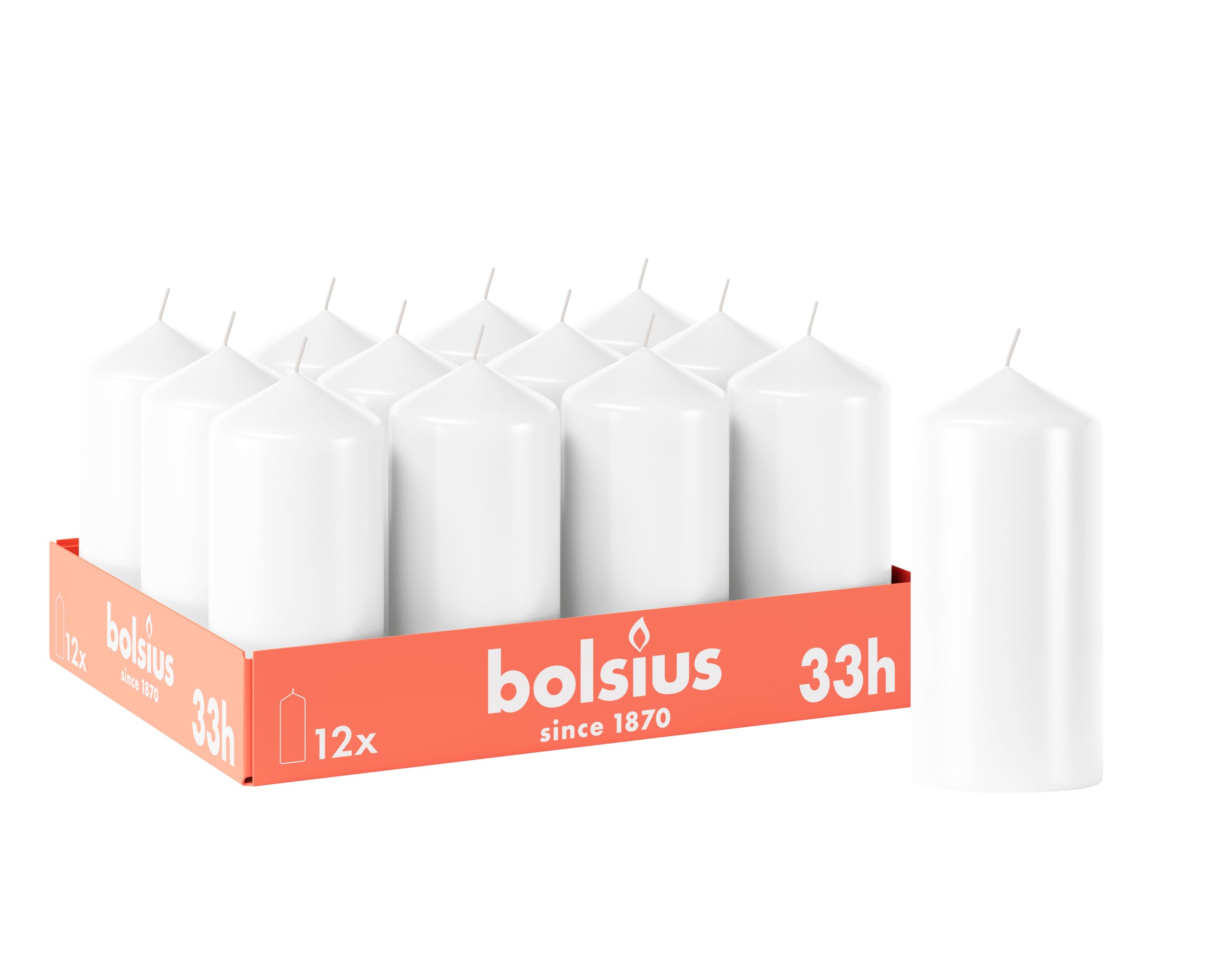 Bolsius - Velas lisas – Blanco – 12 unidades – 12 x 6 cm – Velas decorativas para el hogar – Tiempo de combustión 33 horas – Sin perfume – Contiene cera vegetal natural – Sin aceite de palma