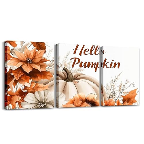 Thanksgiving Pumpkin 3 Piece Canvas Wall Art Rustic Flowers Pictures