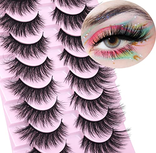 Fox Eye Lashes Natural Look Faux Mink Lashes Fluffy Flat Fake Eyelashes Wispy Cat Eye False Lash Extension Stirp Eyelashes Pack 10 Pairs