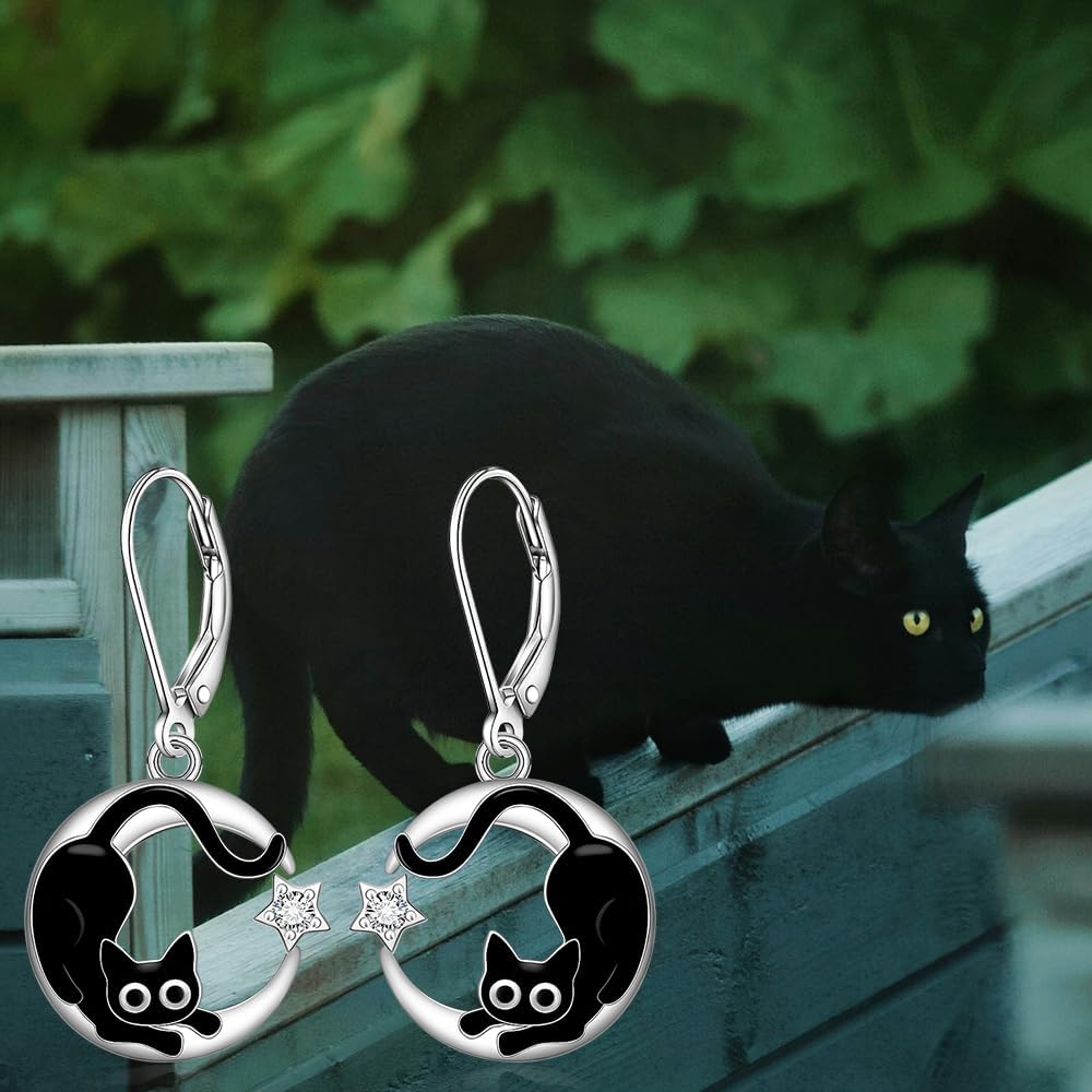 Cat Earrings for Women 925 Sterling Silver Black Cat Leverback Dangle Moon Earrings Cute Animal Earrings Gift - Image 6