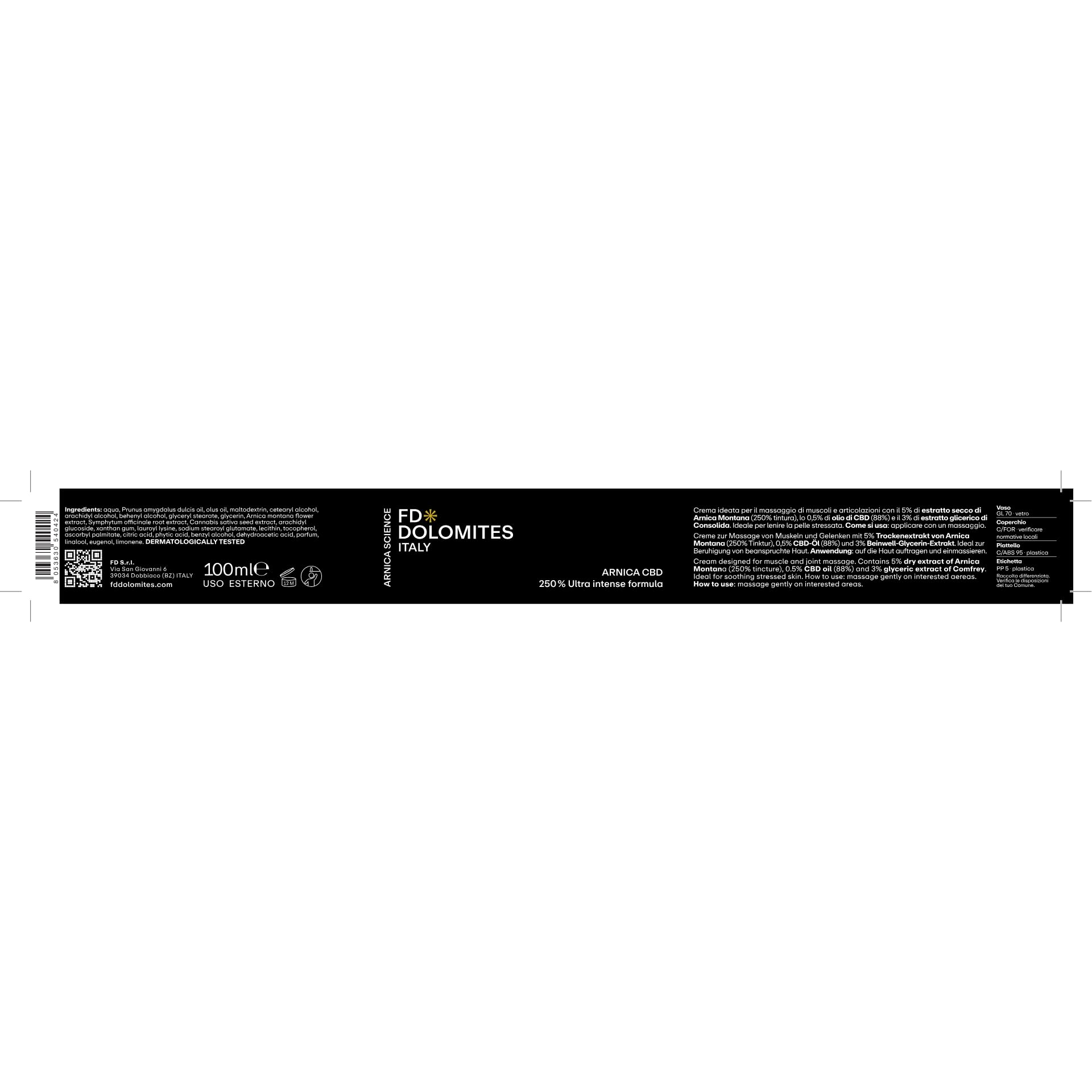 FD Dolomites - Crema Arnica CBD - Con Arnica Montana, CBD e Consolida, Profumo Golden Herbs Alpino,100ml, Uso Esterno.