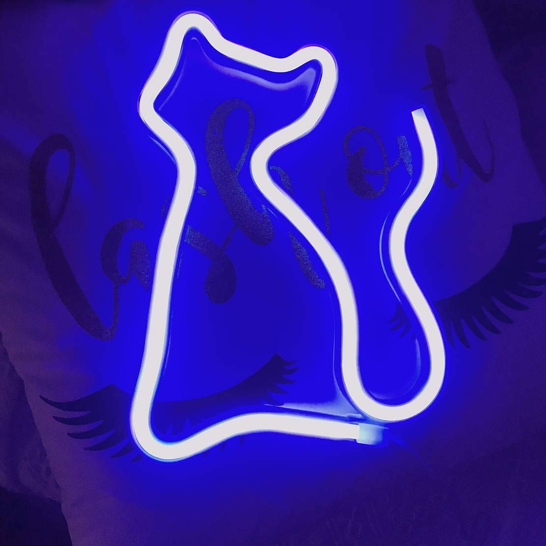 Neon Night Light, LED Neon Signs Night Light Cat Neon Lights Neon Lights for Kids Bedroom Battery USB Operated (Blue)