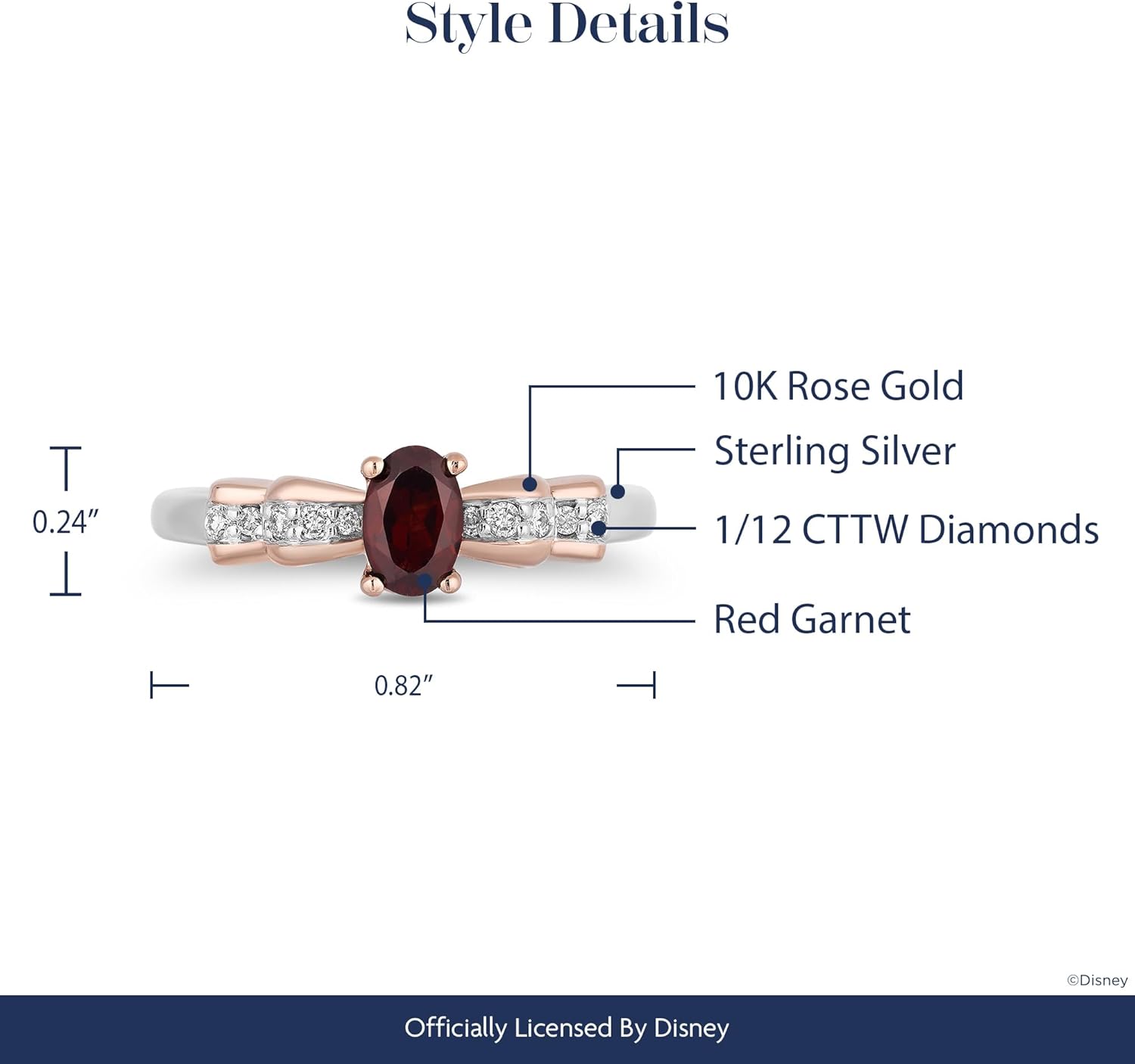 Jewelili Enchanted Disney Fine Jewelry Sterling Silver and 10K Rose Gold with 1/12 CTTW Diamond and Red Garnet Snow White Ring
