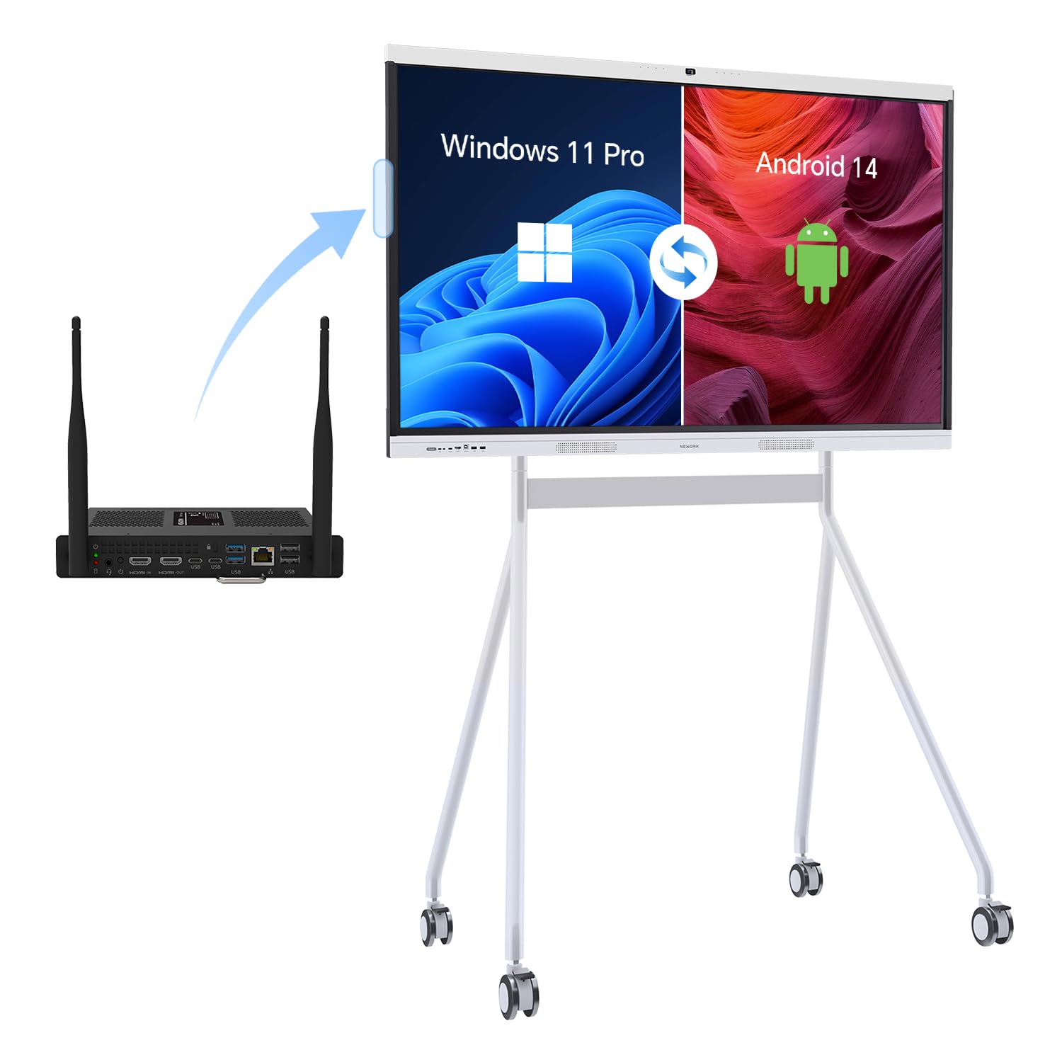 NEWORK 55-Inch Smart Board with Dual System, 48MP CMOS Sensor 4K UHD Camera, 8 AI Noise-Canceling MicsGoogle EDLA-Certified Android 14 and Windows 11 Pro
