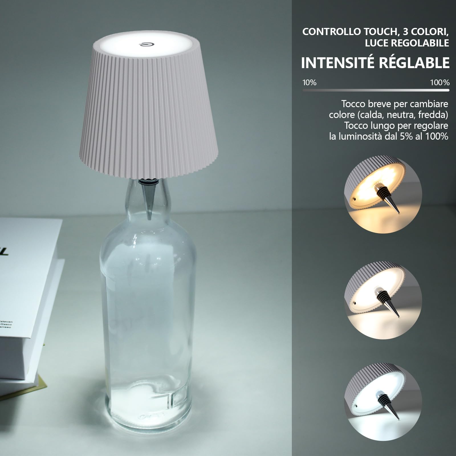 Beaeet Lampada da Tavolo a Bottiglia Senza Fili Ricaricabile via USB, con 3 Colori e Luminosità Regolabile, Ideale per Camera da Letto, Terrazza o come Regalo per le Festività, Bottle Lamp bianco