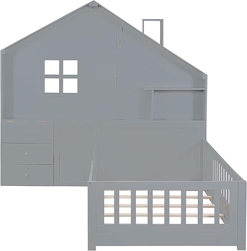 Miniatura 31 de Cama de madera de tamaño individual con cabecero en forma de casa con vallas, altura baja al suelo, para dormitorio de niños y niñas (blanco-01)