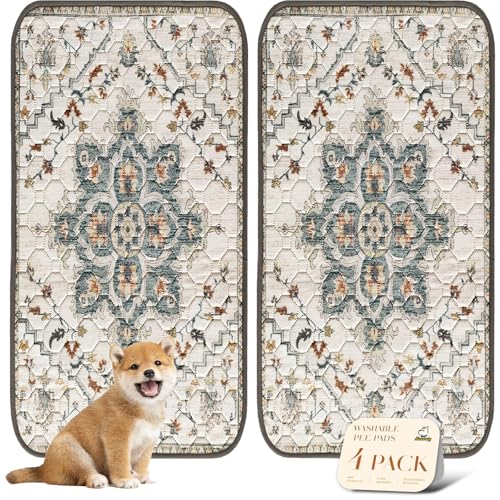 Image of nunubaby 4PACK Washable Pee Pads for Dogs, Stylish, Non-Slip and Leak-Proof Pee Pads. Reusable Potty Pads for Dogs for Crates and Floors.(Beige /Floral, 24 inch x48 inch )
