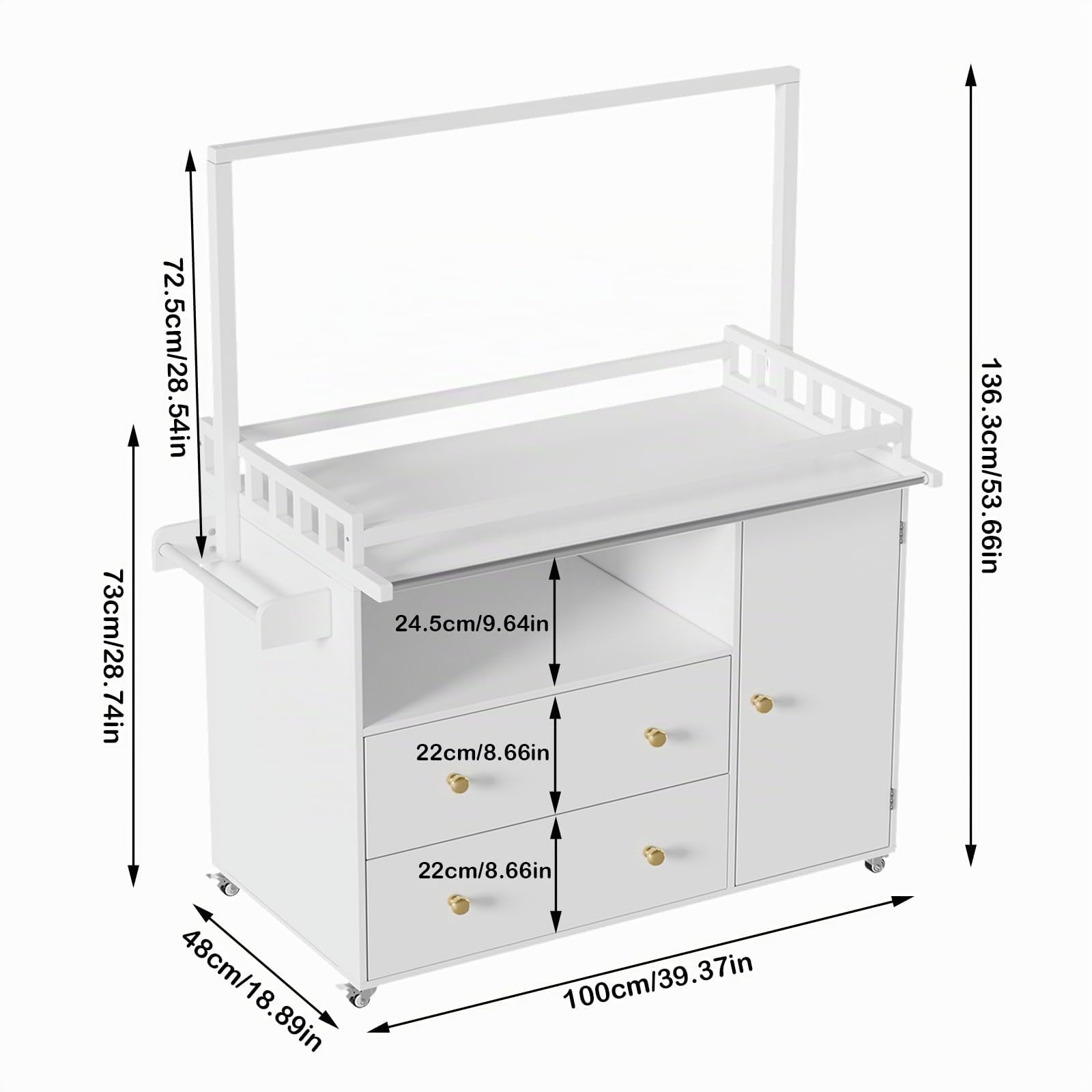 MSFE Mueble Cambiador para Bebé Con Ruedas, Tablero Ancho y Perchero, Cambiador Multifuncional Convertible en Cómoda, No incluye cojín de mesa, 136 x 100 x 48cm, Dos paquetes