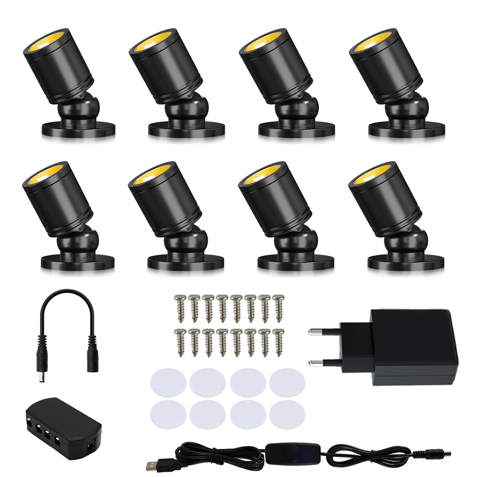 Mini focos led USB para Escaparate Foco Led 3000K Blanca Cálida Mini Focos de Superficie Rotativo 360° para El Hogar,Decoración de Joyas, Pintura,Vitrinas (8 Piezas - blanco cálido)