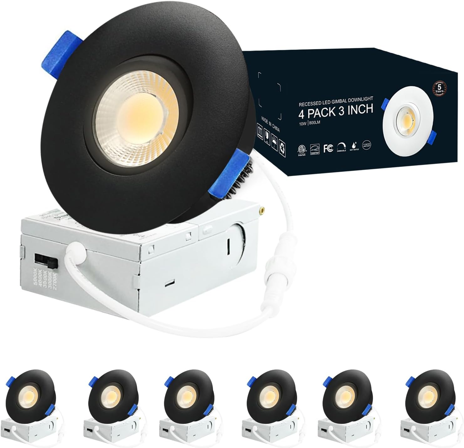 6 Pack Black 3-inch 5 CCT Gimbal LED Recessed/Downlight Color Selectable 2700K/3000K/3500K/4000K/5000K 800Lm 10W 120V Dimness Adjustable LED Lights