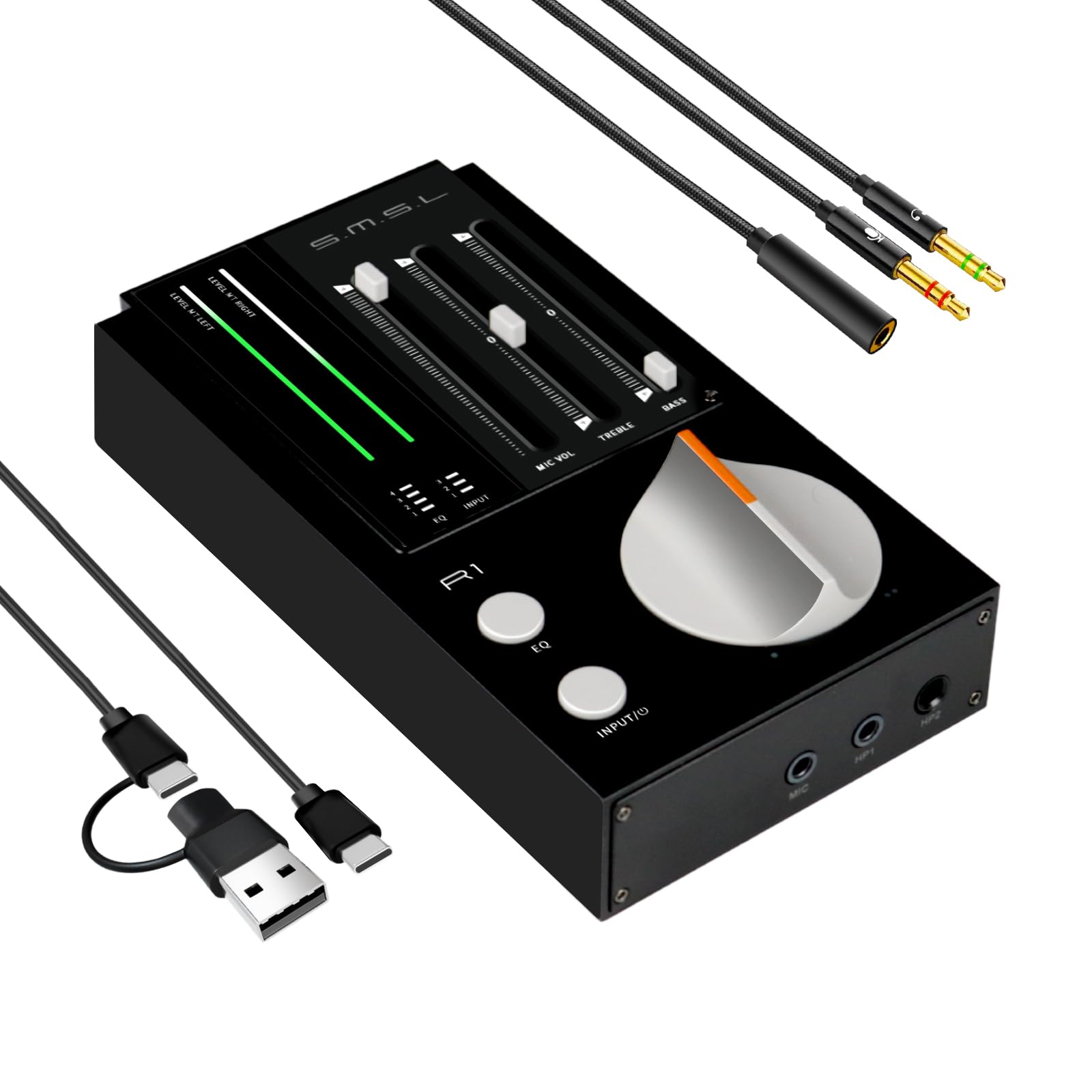 SMSL R1 DAC Amplificatore per Cuffie, Convertitore Audio Digitale ad Analogico Desktop USB C per Gaming PC PS5, Ingresso Microfono/USB/OTTICO/Coassiale, Uscita Bilanciata 3,5 mm/4,4 mm/RCA, Nero