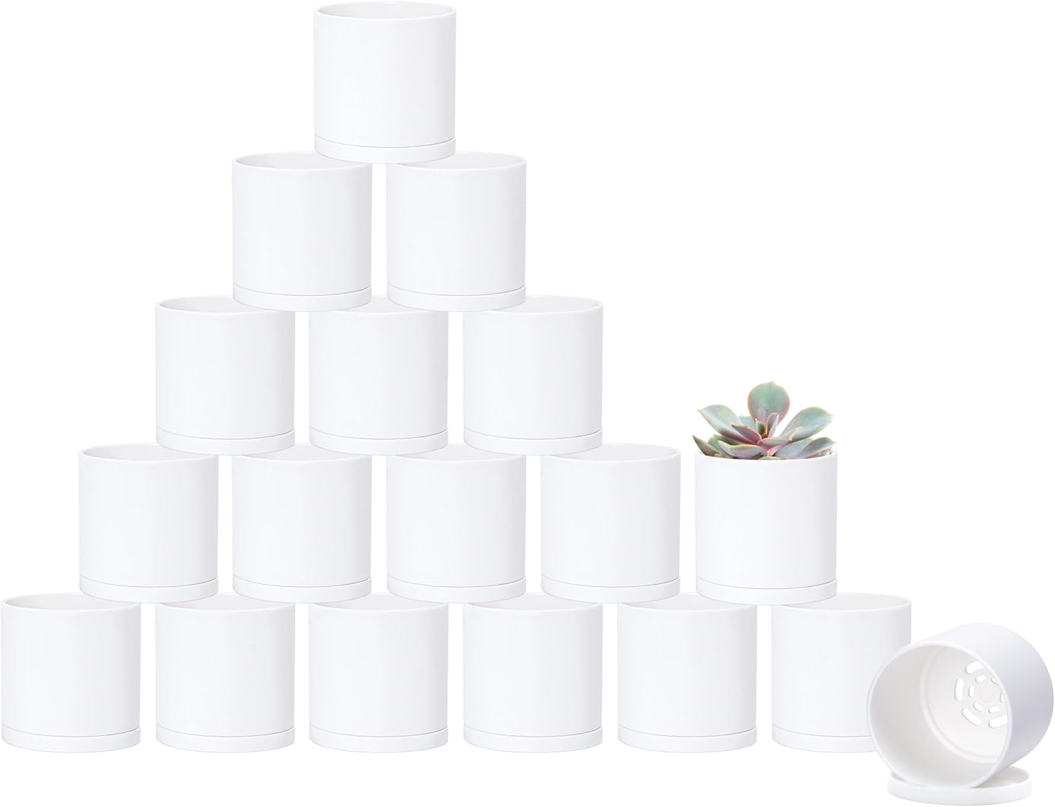 D'vine Dev 6 Pack 5 Inch Modern Plastic Plant Pots, Small Garden Planters for Plant with Drainage Holes and Saucers, White Color, 74-Z-G-3