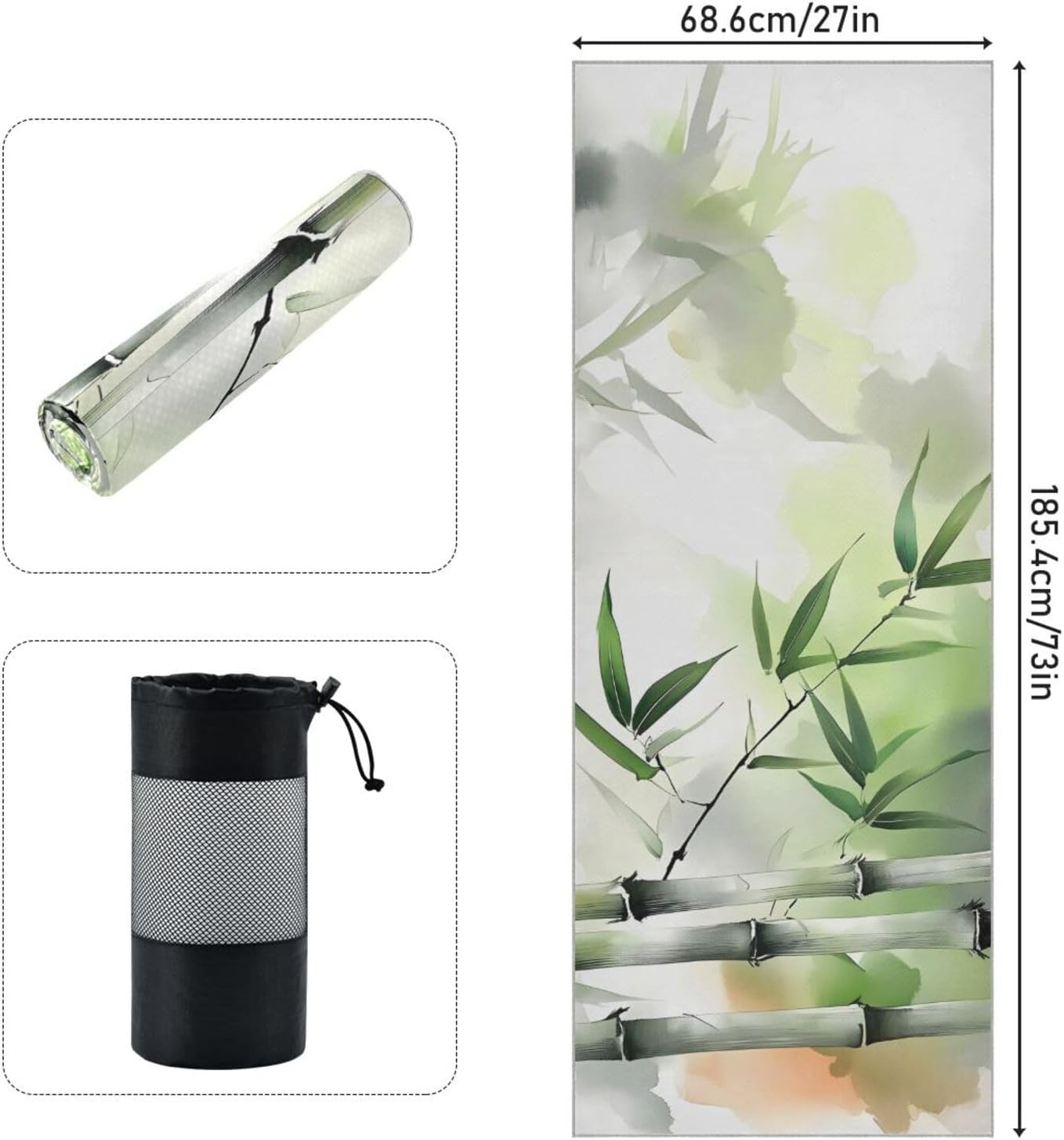 Yoga Mat Towel with Silicone Grip Dot Plant Green Watercolor – 73"x27" Non-Slip Sweat Absorbent Microfiber Yoga Towel for Home Gym Studio