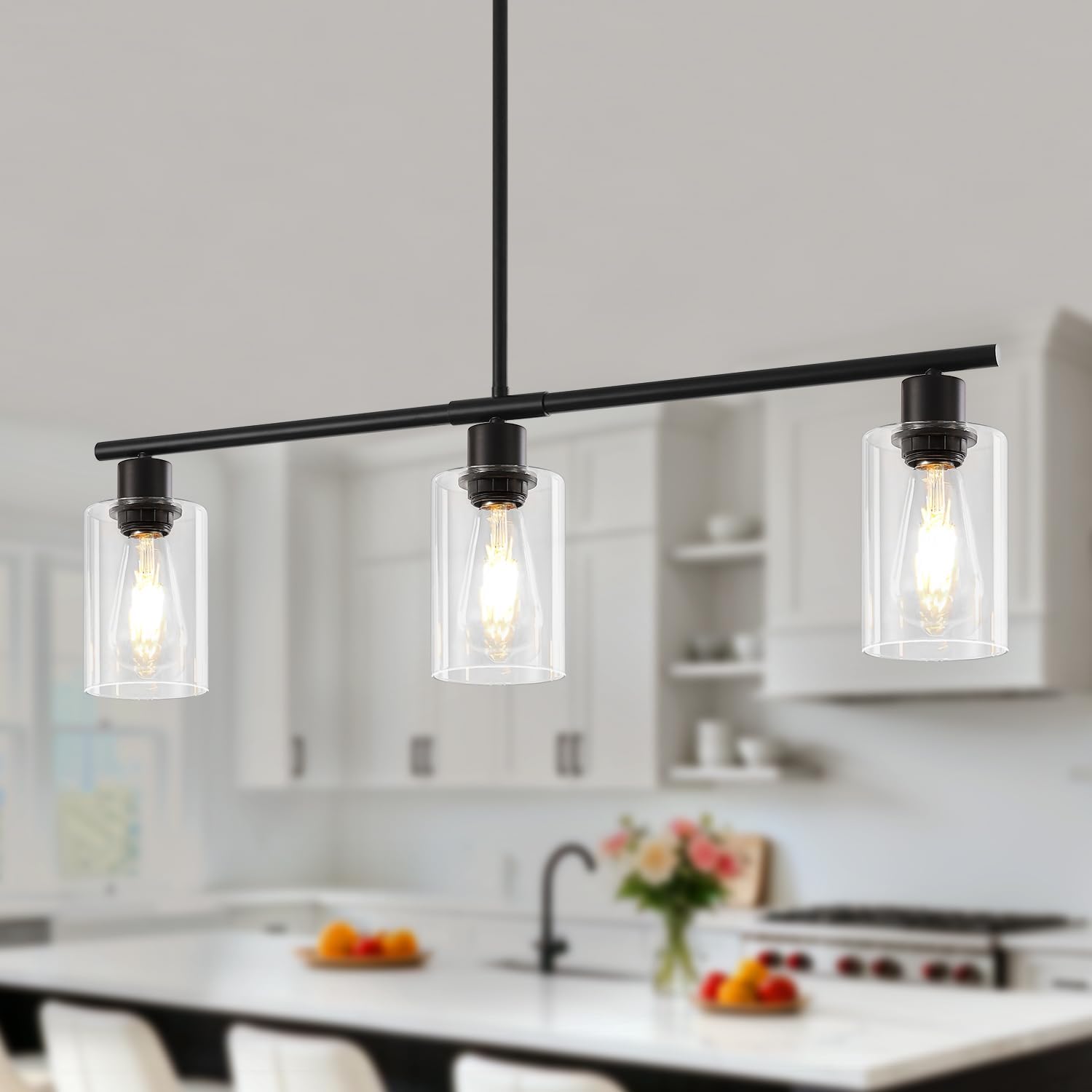 Modern Island Lights for Kitchen, Clear Glass Pendant Lighting Over Island Kitchen Hanging Light Fixtures 3-Light Black Farmhouse Chandelier for Dining Room Foyer Living Room