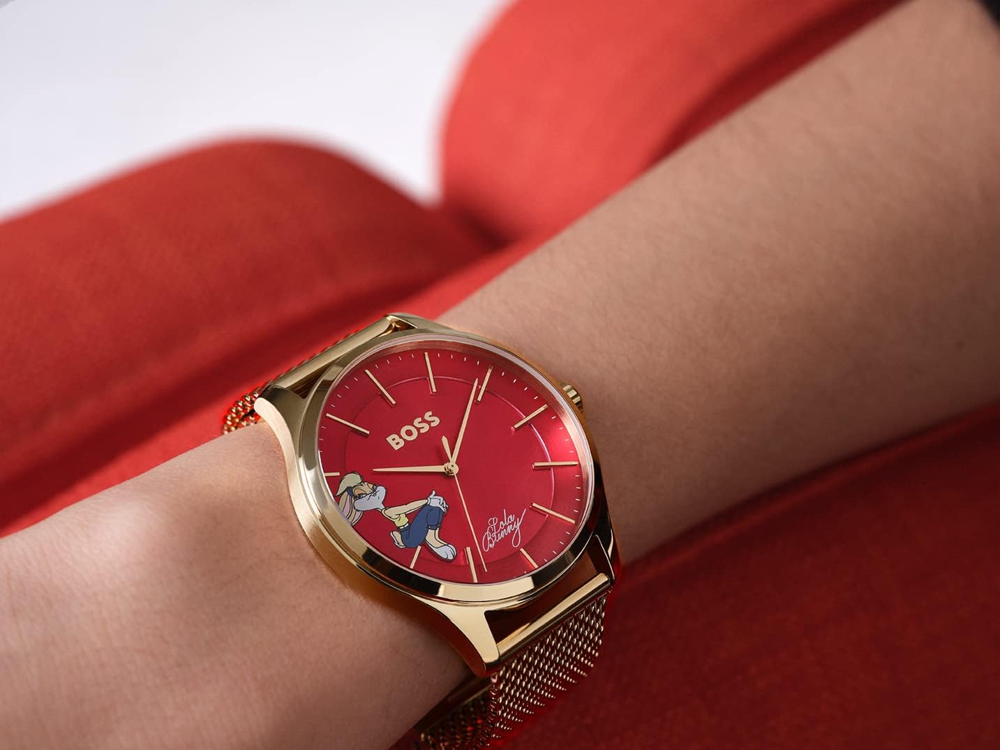 BOSS Women's Elite, Yellow Gold Ionic Plated Stainless Steel case and mesh Bracelet Watch, Color: Yellow