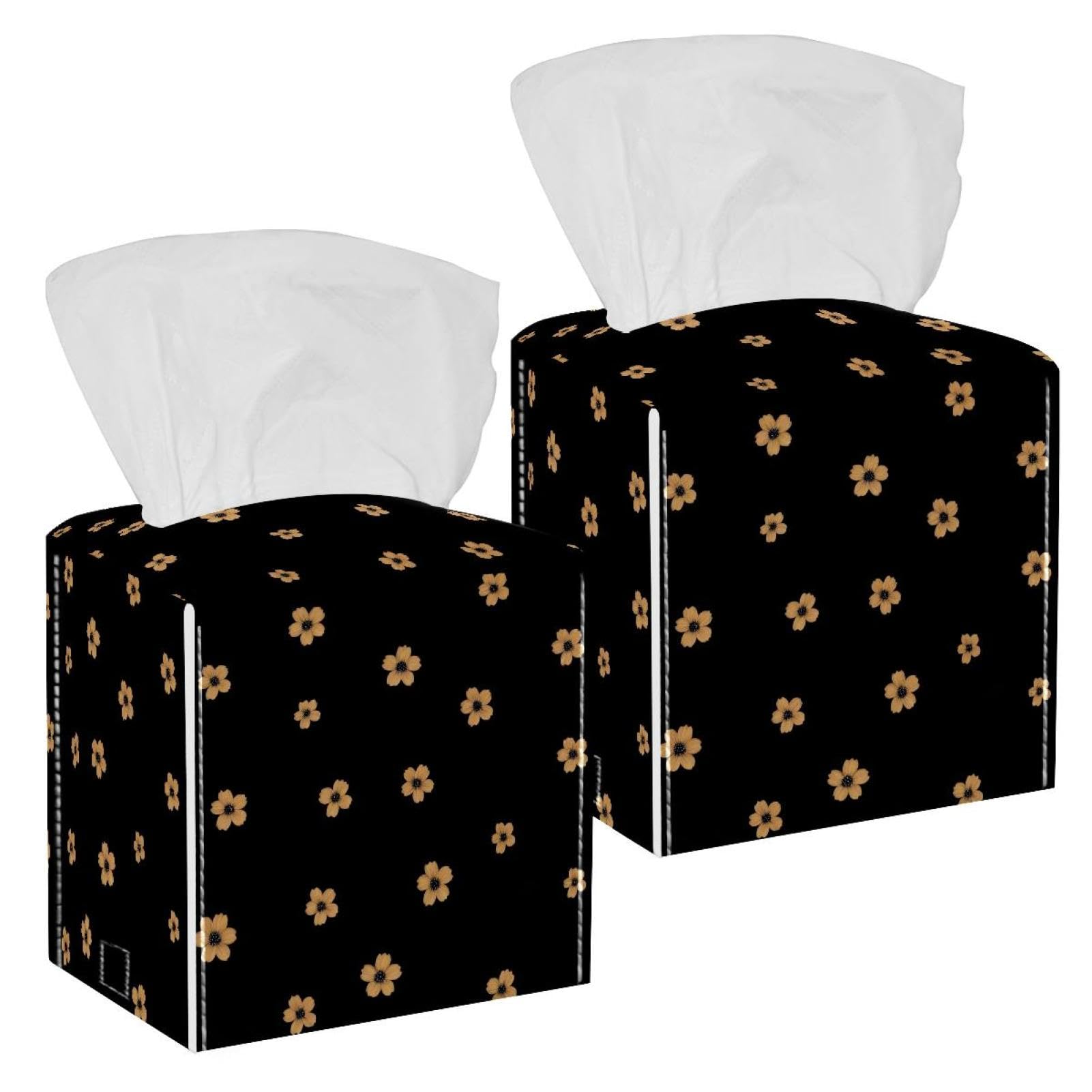 Flower Tissue Box Cover, 2 Pack PU Leather Square Facial Tissue Dispenser Box holder for Home Office Car