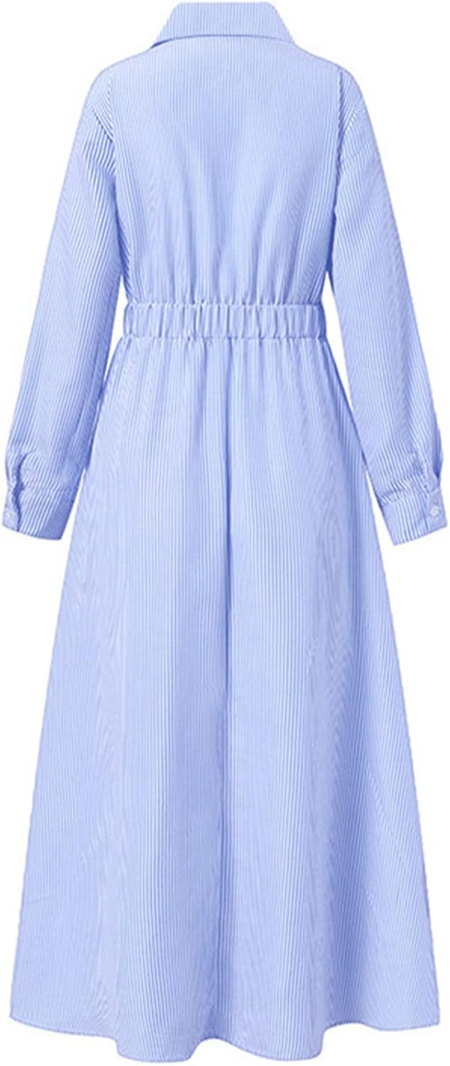 LADYFUL Womens Elegant Striped Shirt Midi Dress Collared Button Down Long Sleeve A-line Wedding Guest Long Dress - Image 5