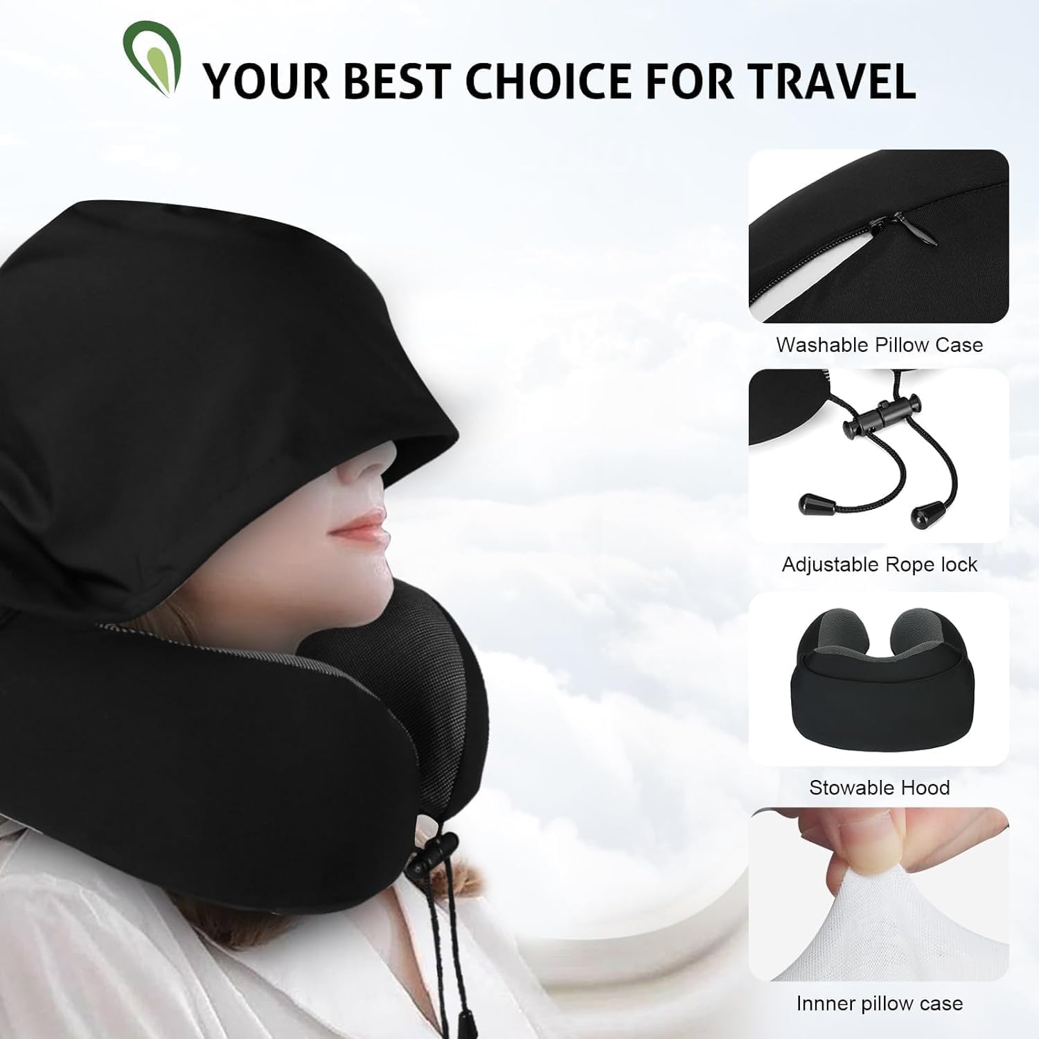 CloudBliss Travel Pillow for Neck Memory Foam, Hooded Travel Neck Pillow for Adults, Comfortable Neck Pillow for Travel with Hoodie, Flight Pillow, Airplane Pillow, Travel Cushion for Plane Car Train