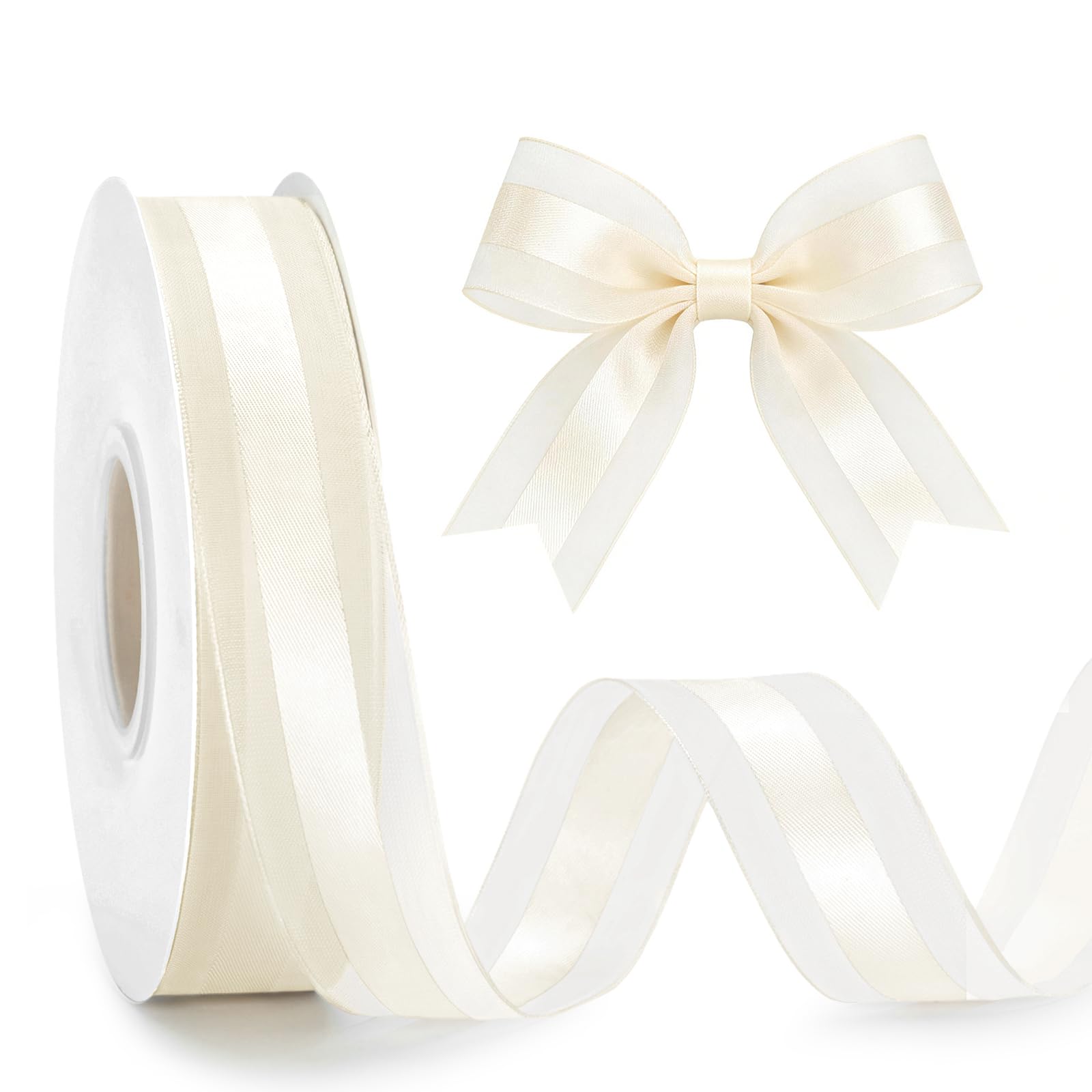 G2PLUS 25mm Ivory Organza Ribbon: 50 Yards Sheer Tulle Wrapping Ribbon for Crafting, Gift Wrapping, Wedding Invitations, Bouquet, Christmas Tree Bows — image 1