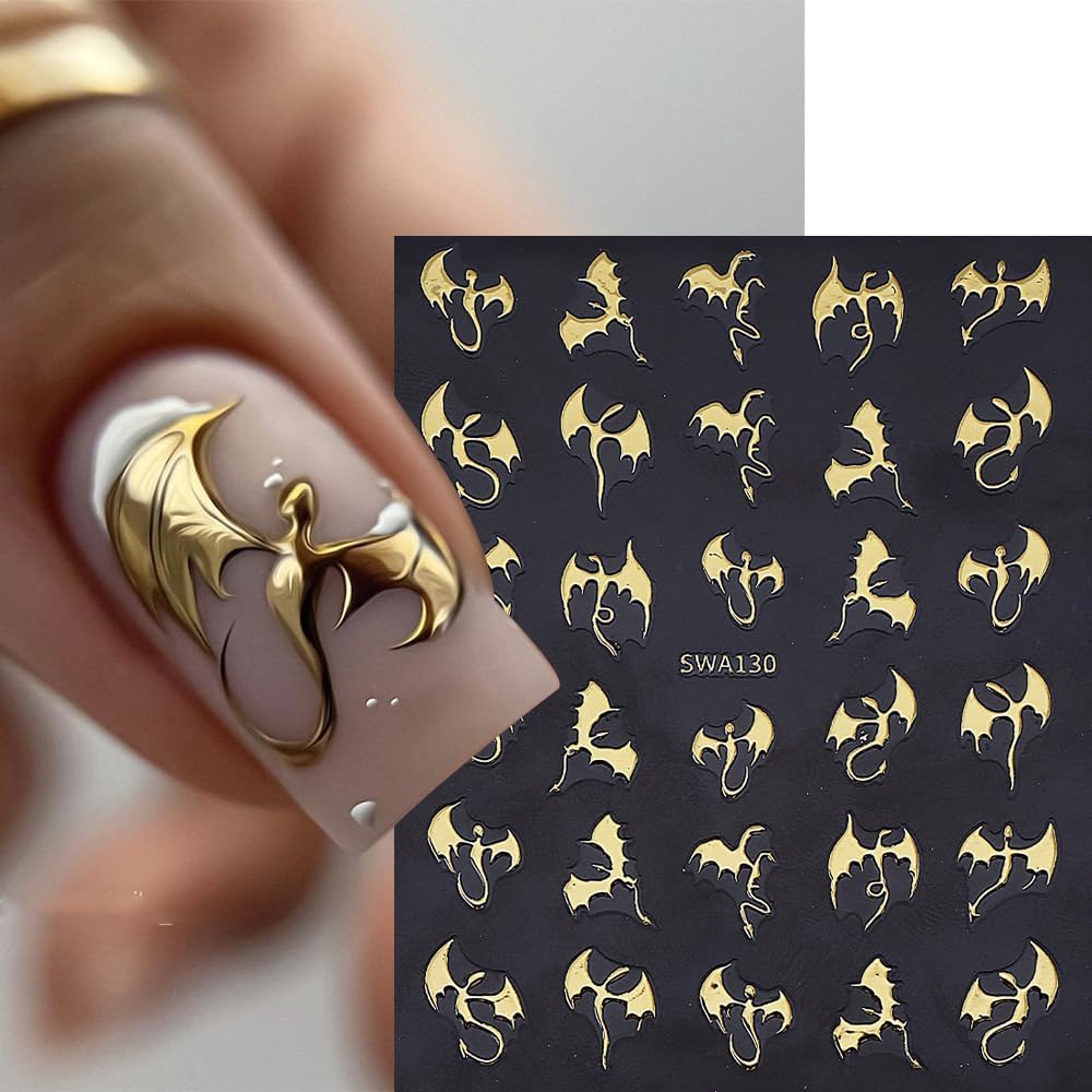 Halloween Nail Art Stickers Gothic Dragon Nail Art Decals 6 Sheets 3D Self-Adhesive Dragon Nail Design Decals Gold Silver Nail Stickers for Women Halloween Nail Art Supplies DIY Manicure Supplies image 2