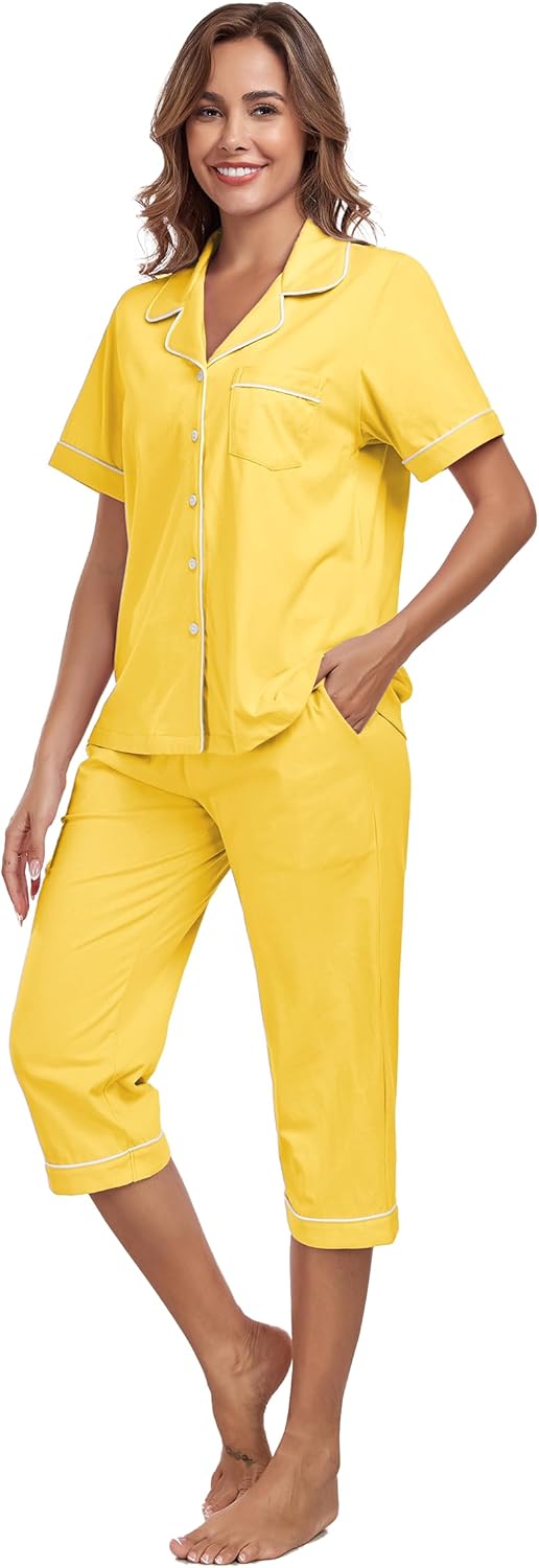 COLORFULLEAF 100% Cotton Women Pajama Short Sleeve Shrits With Capri Pants Pj Sets for Women Cotton Sleepwear - Image 4