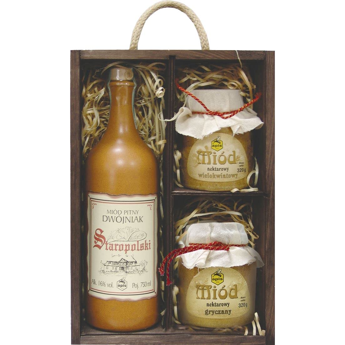 Staropolski Met Dwójniak-Halber (Keramik) Geschenkset in einer leichten Holzbox mit Mehrblütenhonig und Buchweizenhonig | 750ml | 16% Alkohol Metwein | Polnische Produktion