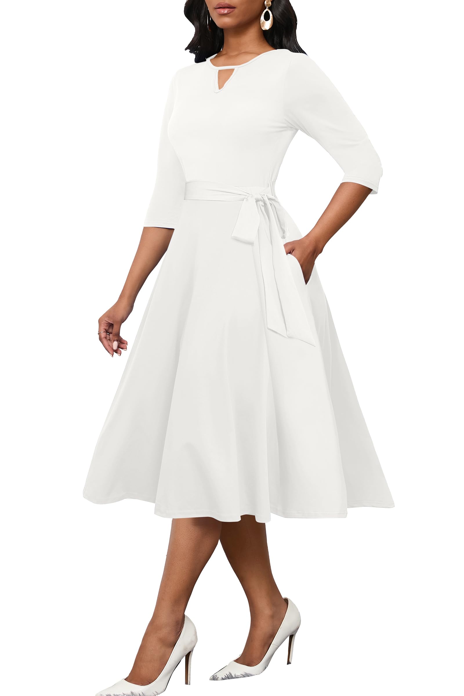 CLOCOR Midi Dresses for Women Casual A-Line Fit and Flare Dress Crewneck 3/4 Sleeve Keyhole Cocktail Party Church Dress