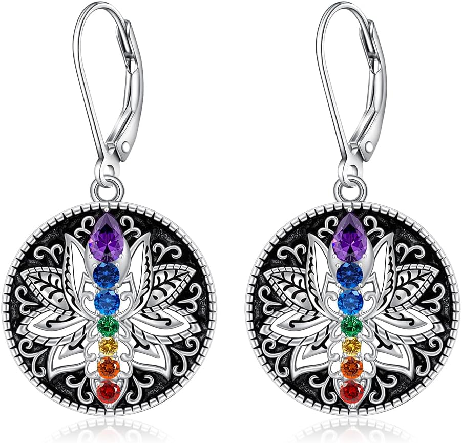 Mandala Chakra Earrings for Women 925 Sterling Silver Lotus Earrings Dangle 7 Chakra jewelry Yoga Gift for Women Flower Jewelry