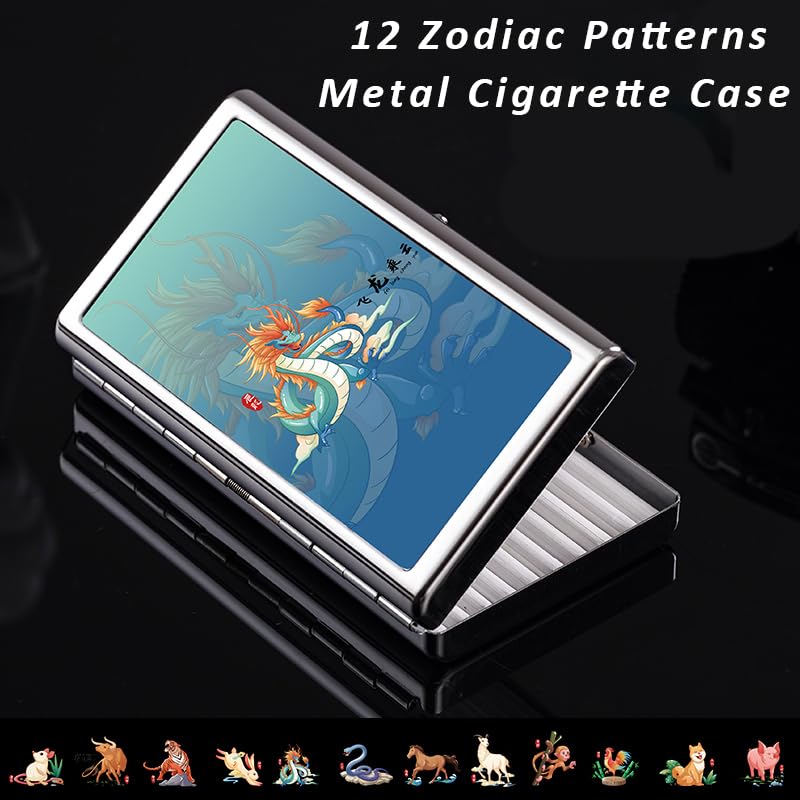 Metal Cigarette Case - Portable Double Sided Spring Clip Holder for 14pcs Regular Cigarettes, 20pcs 100mm Cigarettes Great Gift for Men and Women (Dog)