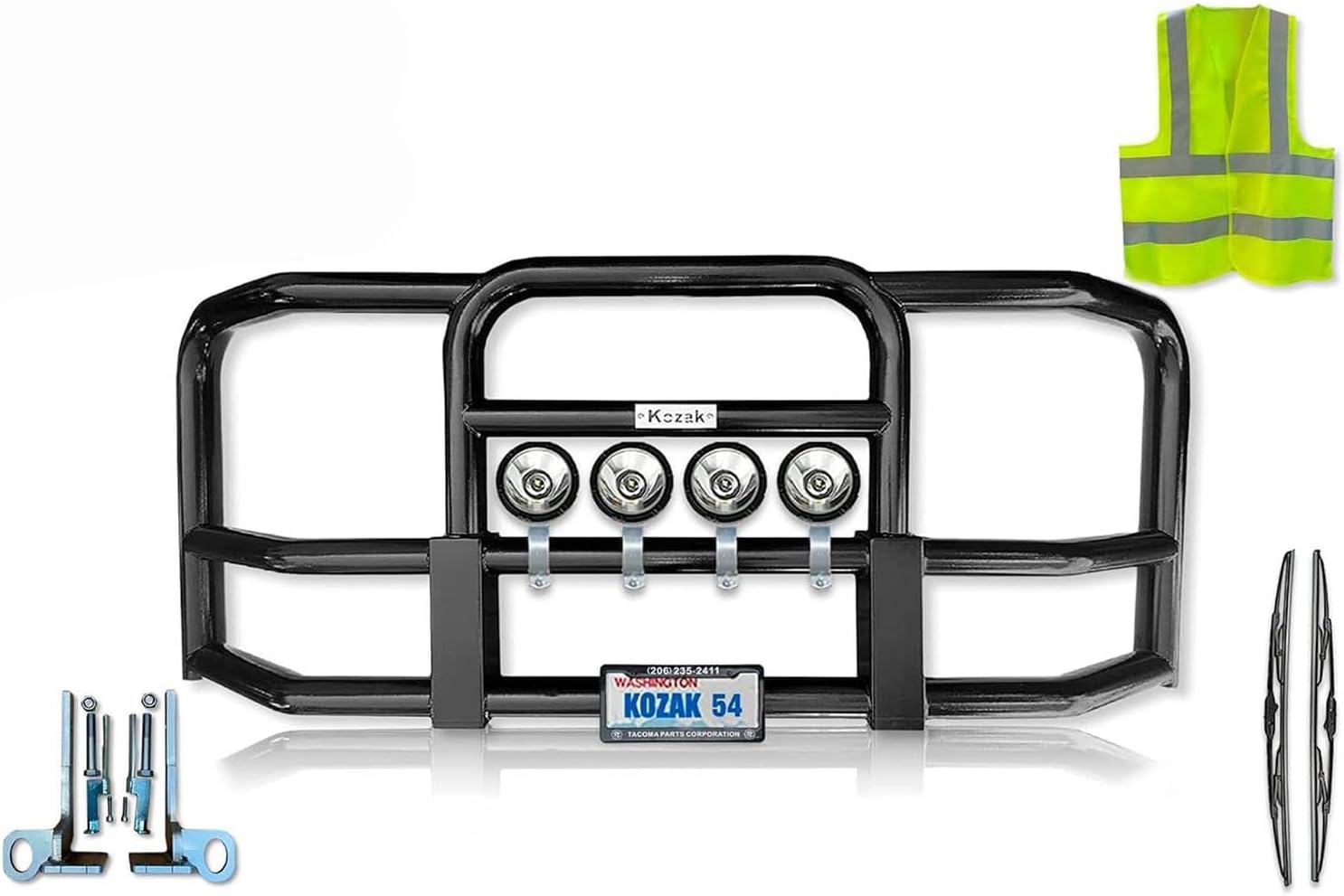Black Full Front Bumper Grille Deer Moose Brush Bumper Guard - Large Square - Compatible with Kenworth T660 Plus 4x6 Inch 20 LED Headlights, License Plate Holder and Frame, Bracket, Logo, Wipers, Vest