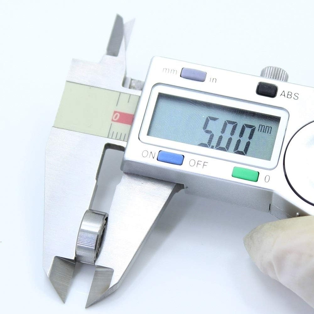 A digital caliper measuring the width of a 686ZZ bearing, showing 5.00 mm.