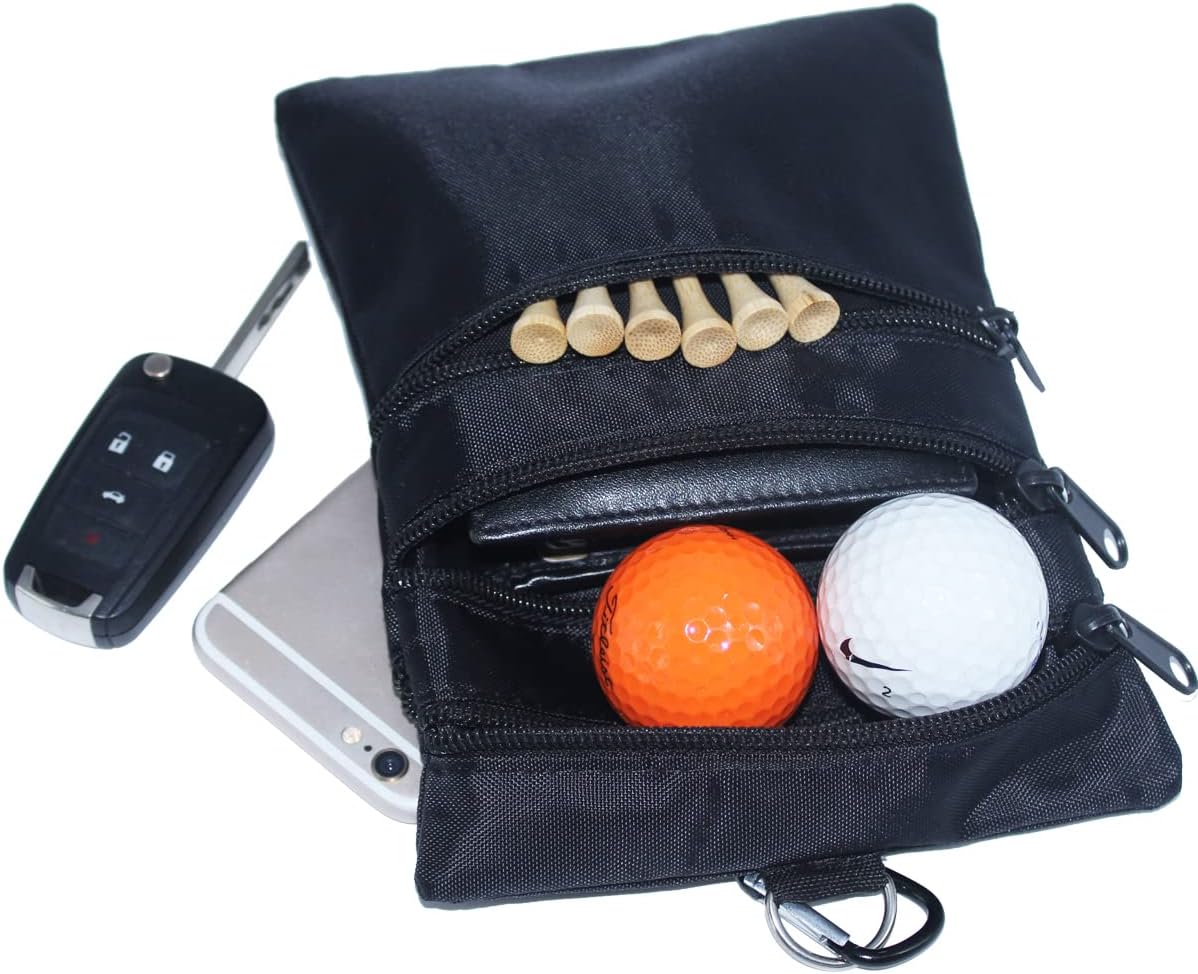 Golf valuables pouch, zipper golf ball bag with 4 pockets, golf accessories pouch for storing balls,tees,mobile phone,keys, cards and cash, great gift for golfers (1 PACK BLACK)