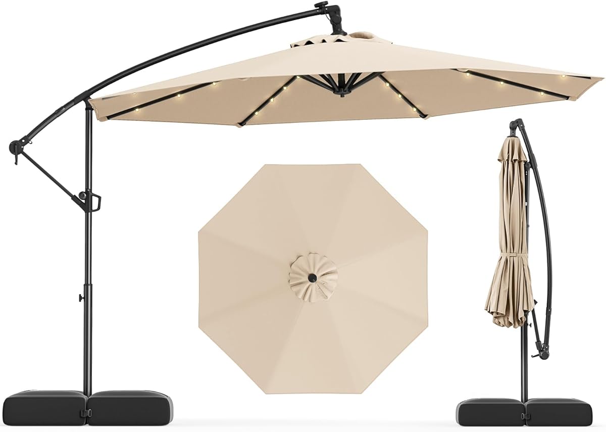 Tangkula 10ft Solar Patio Umbrella with Base Included, Offset Cantilever Outdoor Umbrella with 32 LED Lights, 360 Degree Rotation, Crank Handle for Pool Deck Garden Backyard (Beige)