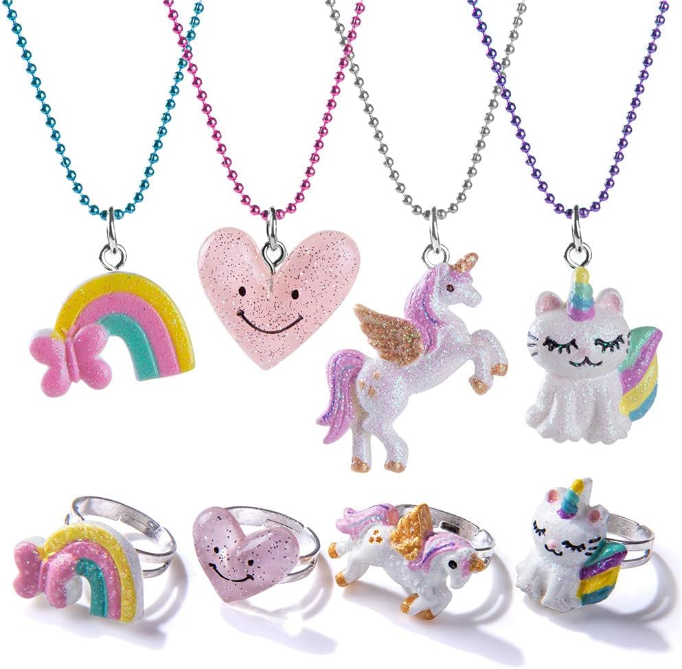 Maeoetty 8Pcs Necklaces Rings Set with Lovely Unicorn Rainbow Heart Charms Kids Pretend Play Dress Up Jewellery Girls Party Favors Gift Toddler Costume Jewellery for Toddler Little Girls