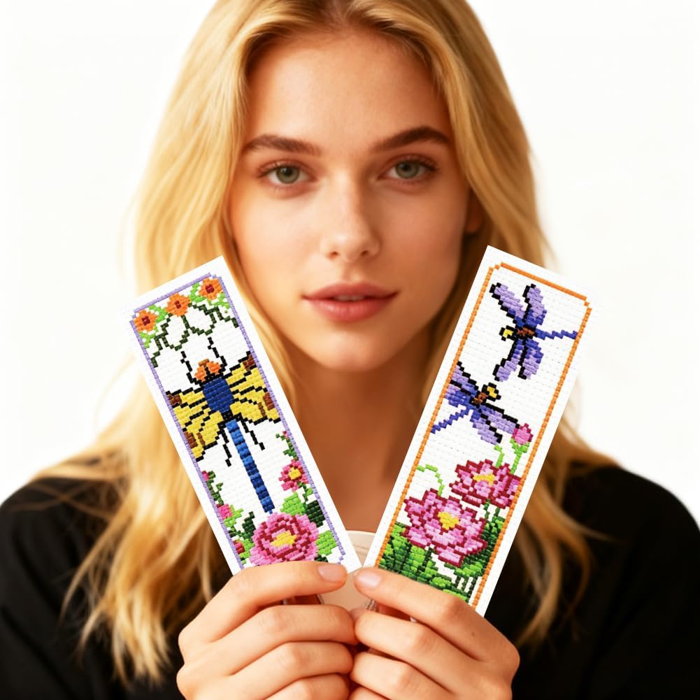 ORIGACH 6 Set Dragonfly & Flower Cross Stitch Bookmark Kit for Beginner