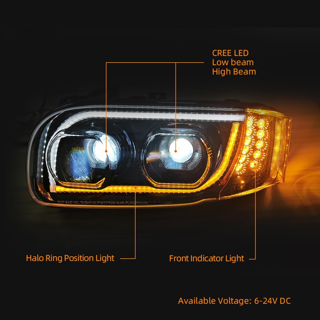 FV Full LED Projector Headlight Assembly for Peterbilt 389 388 (2008-2018) Peterbilt Accessories Headlight with Halo Black Housing Left Side (PET-014B-L)