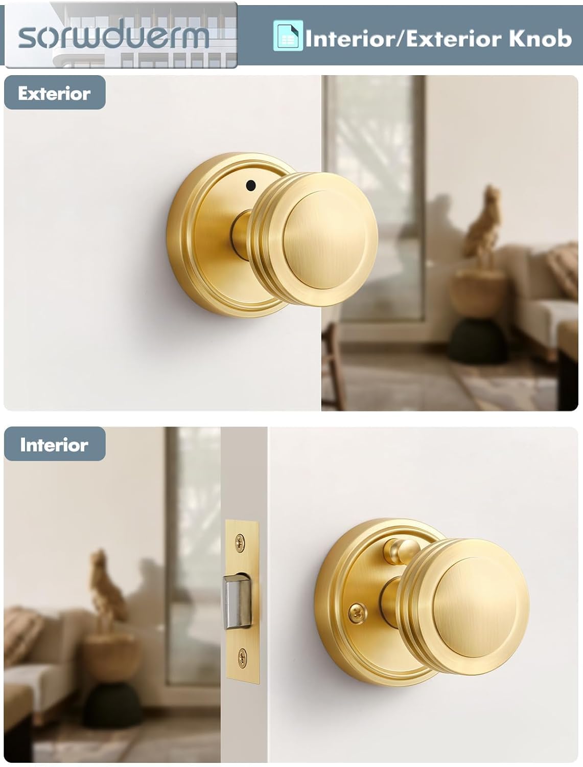 1 Pack Gold Door Knob Privacy Door Knobs Satin Brass Door Handle Interior Brushed Gold Door Knobs with Lock for Bedroom and Bathroom Zinc Alloy