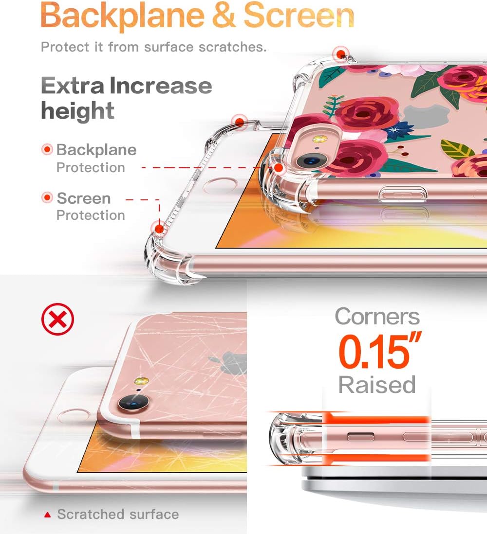 GVIEWIN Clear Flower Designed for iPhone 8 Case/iPhone 7 Case, Soft TPU Silicone Ultra-Thin Slim Fit Transparent Flowers Flexible Cover Perfect Grip for iPhone 7, iPhone 8 (Rose Blossom/Red)