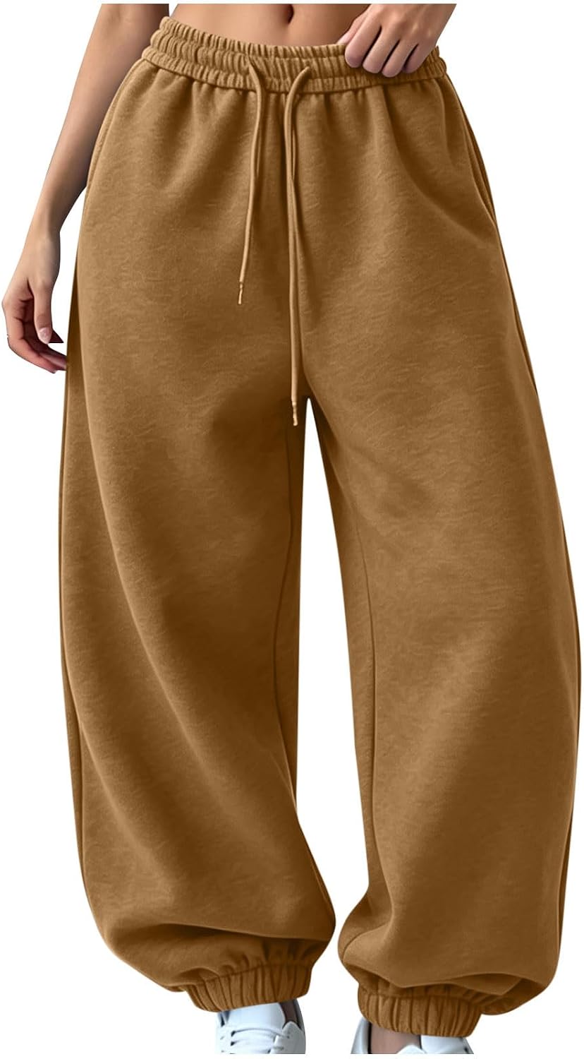 Womens Drawcord High Waist Jogger Pants Loose Fit Casual Sweatpants
