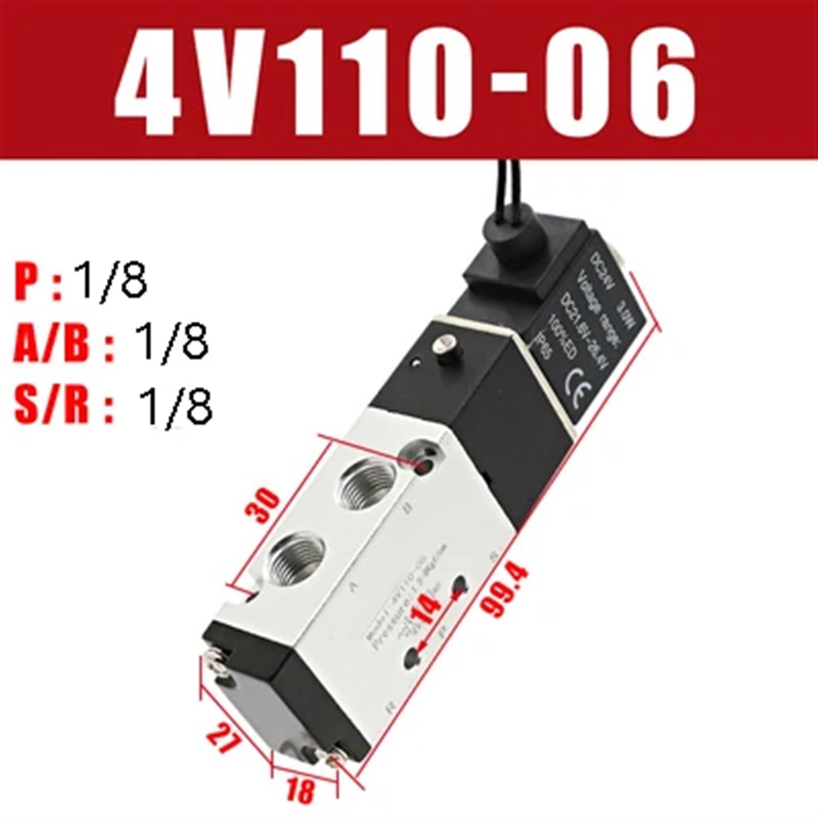 4V110-06 1/8 Zawór elektromagnetyczny powietrza PNEUMAT VALV 5-drożny port 2 pozycje opona gazowa elektryczne zawory magnetyczne DC12V 24V 110V 220V 1 szt. (drut 4V110-06,DC 24V)