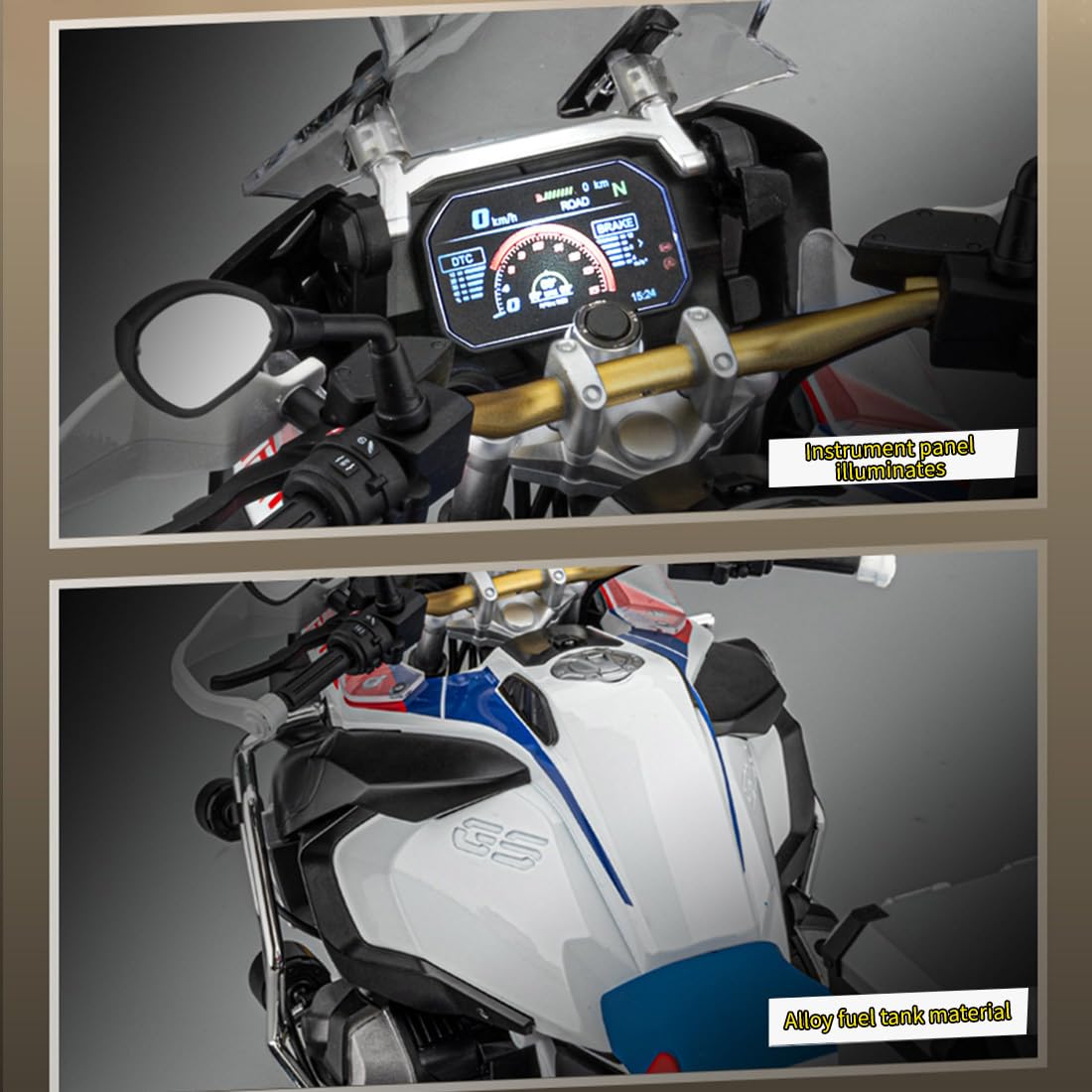 Modèle de moto RC Adventure R1250GS Noir à l'échelle 1/6, moto en alliage 1:6 avec son, lumière et pulvérisation, kits de modèles de moto à l'échelle 1/6 pour collectionneurs
