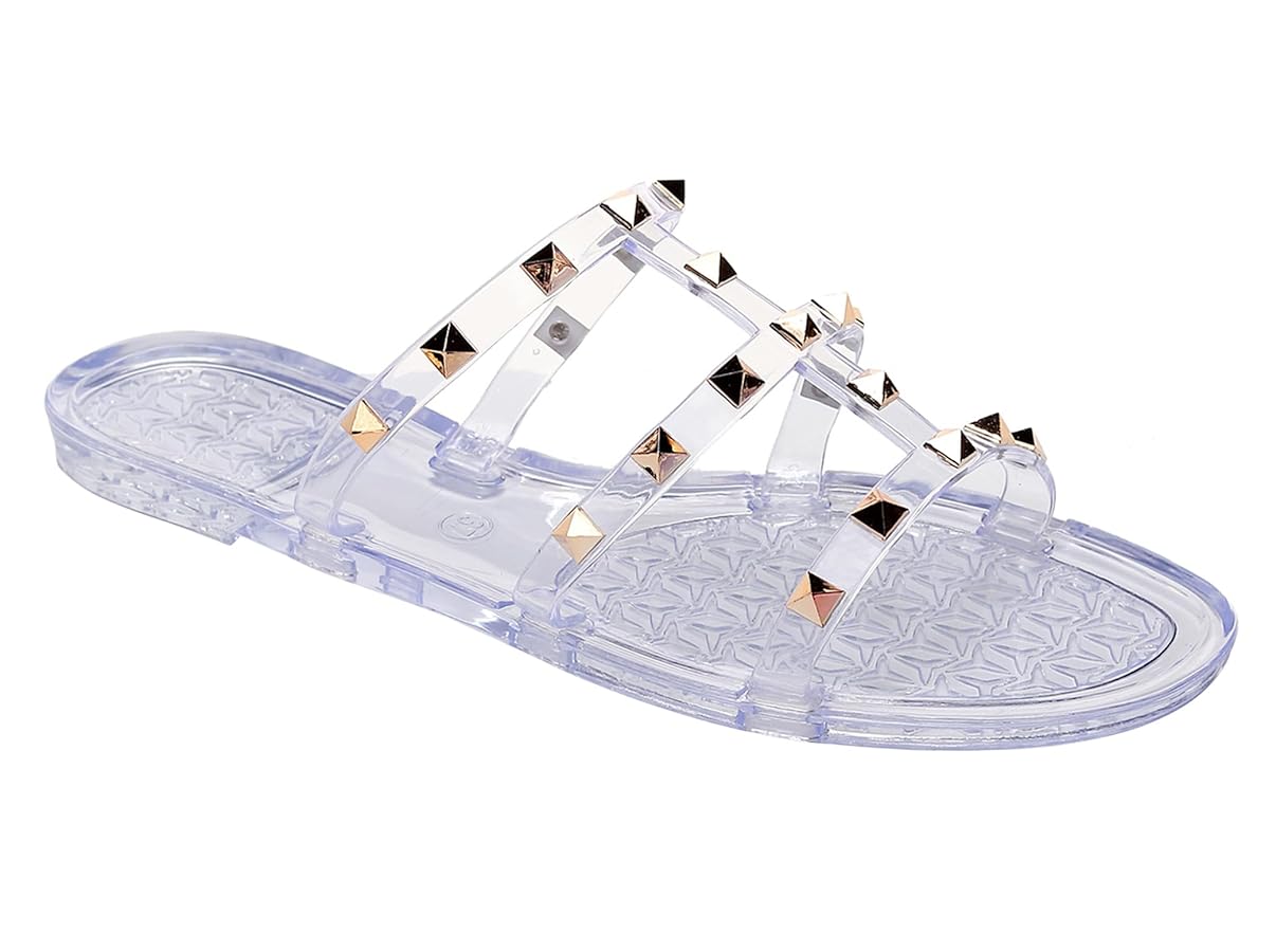 Libbook studded jelly sandals showing versatile flat design perfect for various styling options