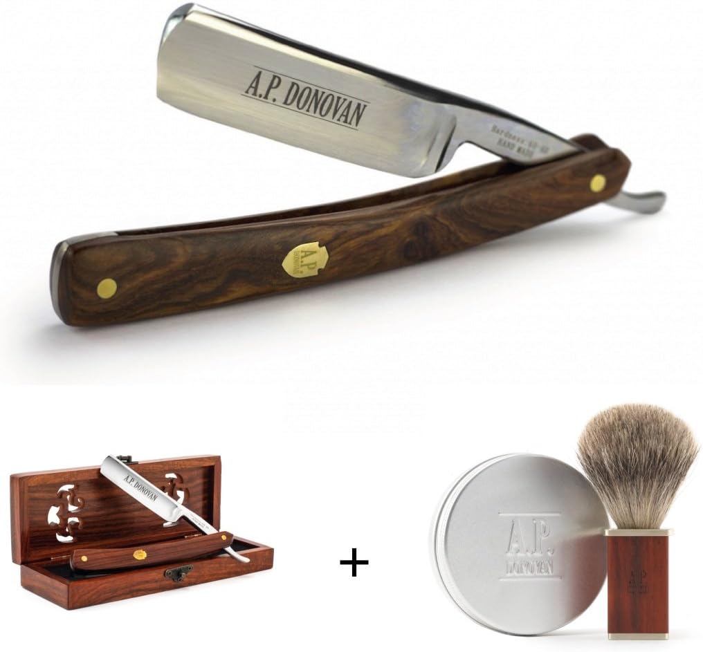 A.P. Donovan - Rasiermesser Set | Geschenkset | kombinierbar | Bartpflege Set - High Quality Mahogany Razor, Mahagoni Pinsel & Seife