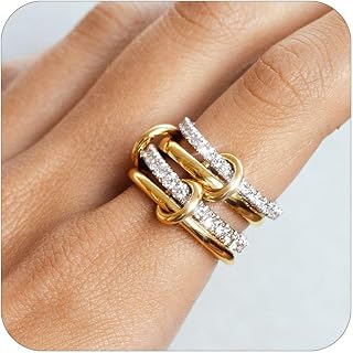 TLY Stackable 18K Gold Plated Rings for Women - Interlocking Gold Silver CZ Set, Waterproof Hypoallergenic Statement Bands Sizes 4-11
